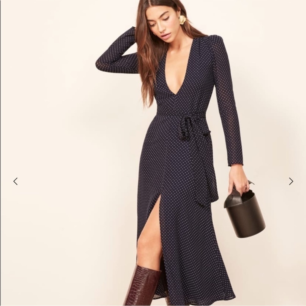 Reformation Hailey Navy Blue White Polka Dot V Neck Long Sleeve Midi Dress XS